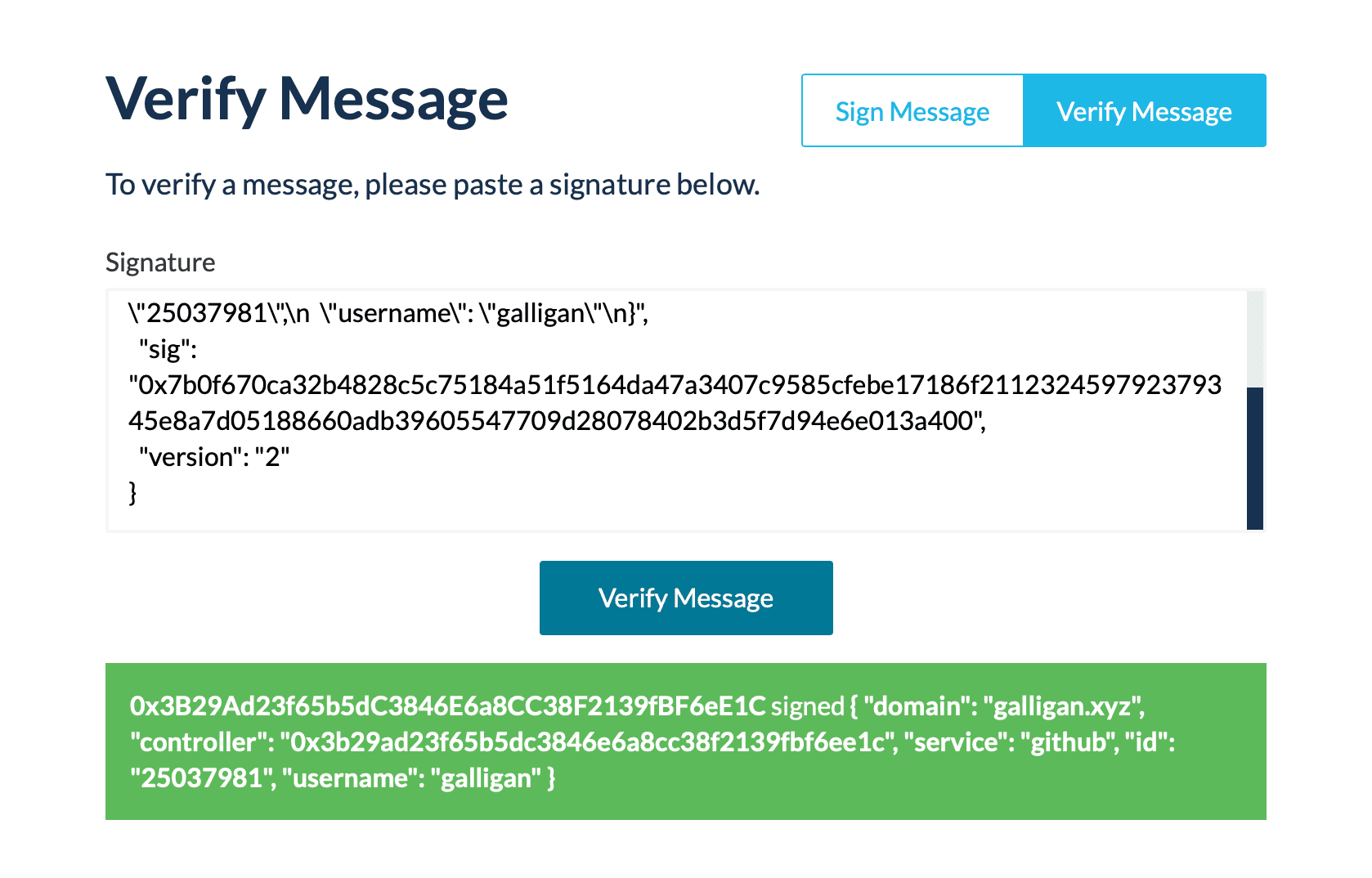 Screenshot of verify message