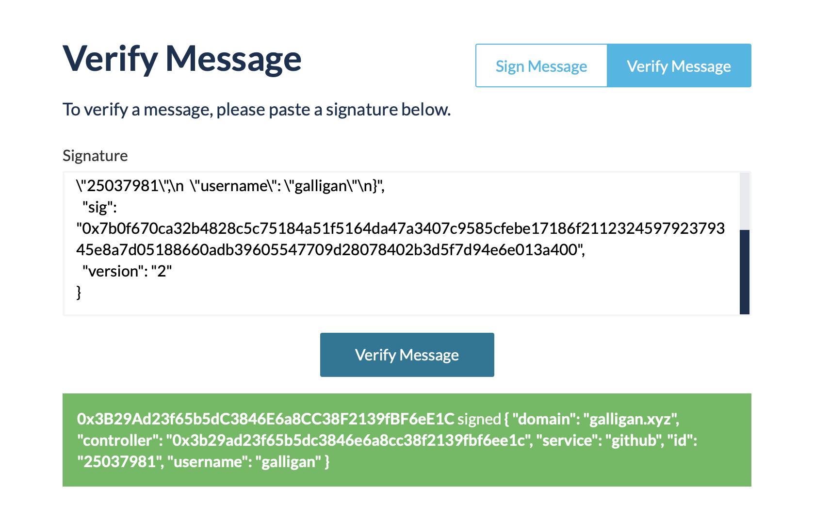 Screenshot of verify message